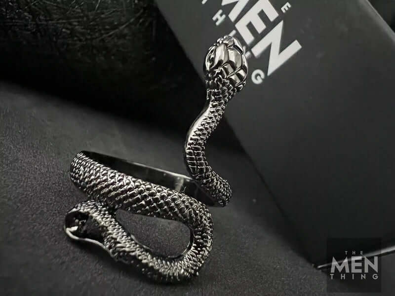 THE MEN THING Rings RATTLER -  Alloy Adjustable Vintage Black Snake Ring, American trending Style for Men & Boys