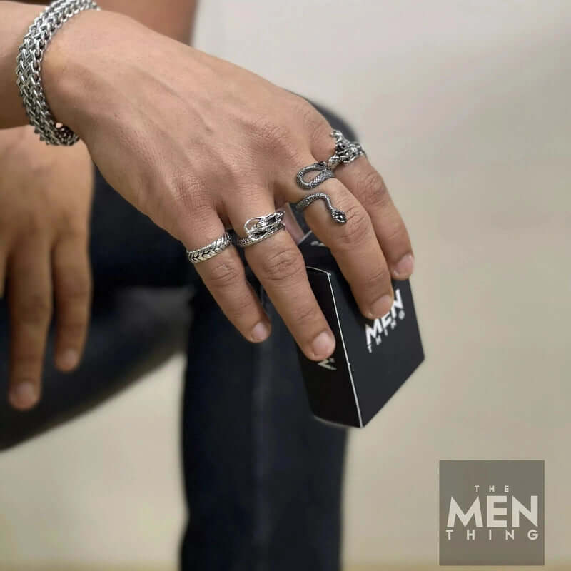 THE MEN THING Rings RATTLER -  Alloy Adjustable Vintage Black Snake Ring, American trending Style for Men & Boys