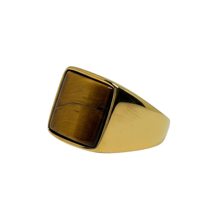 THE MEN THING Rings Royal Series - AMBERSTONE CREST RING - Pure Stainless Steel Men’s Gold-Plated Ring – Statement Luxury Jewelry (Size : 16-21-26)