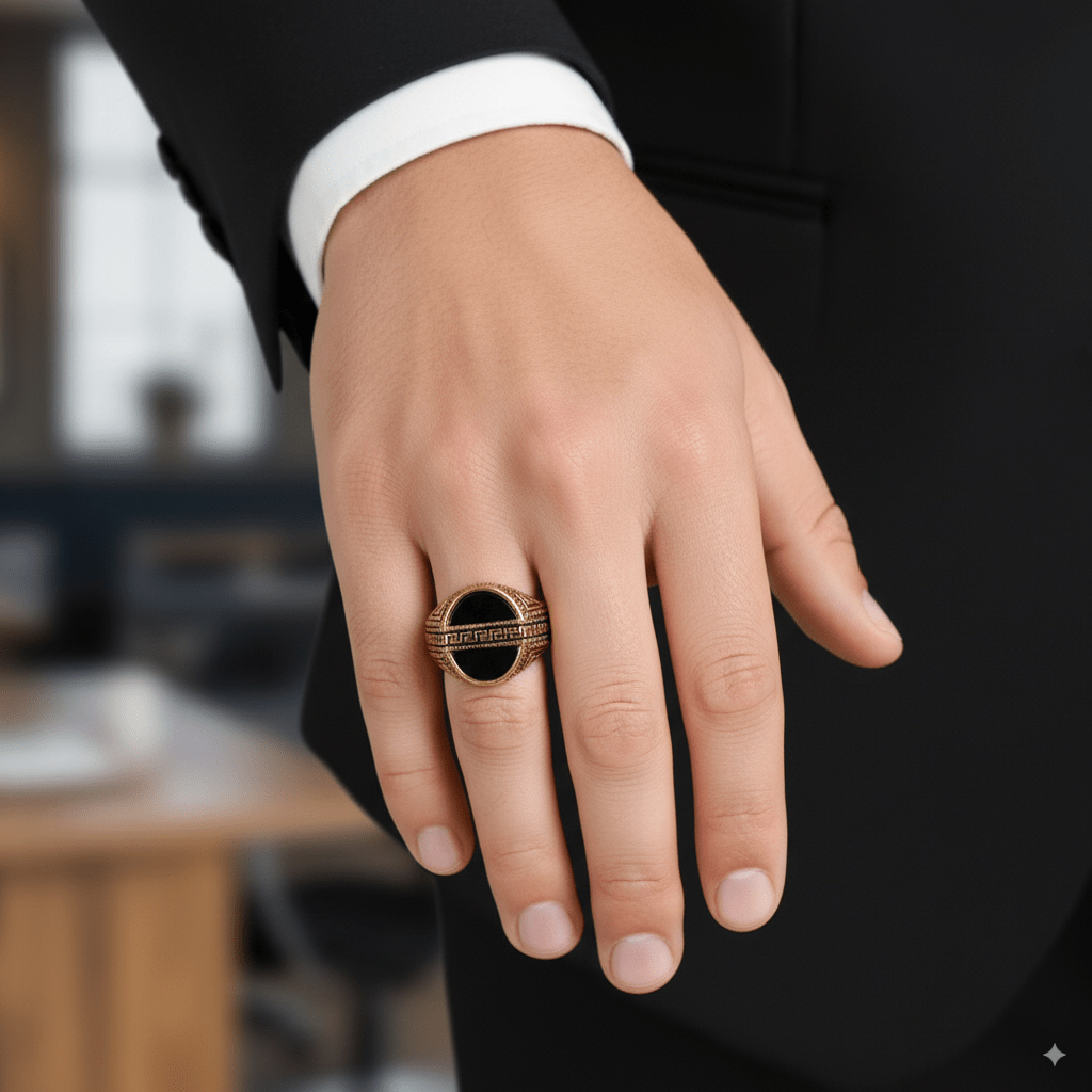 THE MEN THING Rings Royal Series - AURELIAN MAZE RING - Pure Stainless Steel Men’s Gold-Plated Ring – Statement Luxury Jewelry (Size : 16-21-23-26)