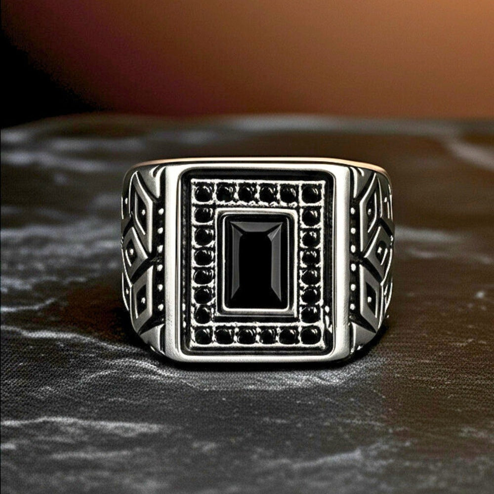 THE MEN THING Rings Royal Series - BLACK BASTION RING - Pure Stainless Steel Men’s Steel-Plated Ring – Statement Luxury Jewelry (Size : 19-22-25)