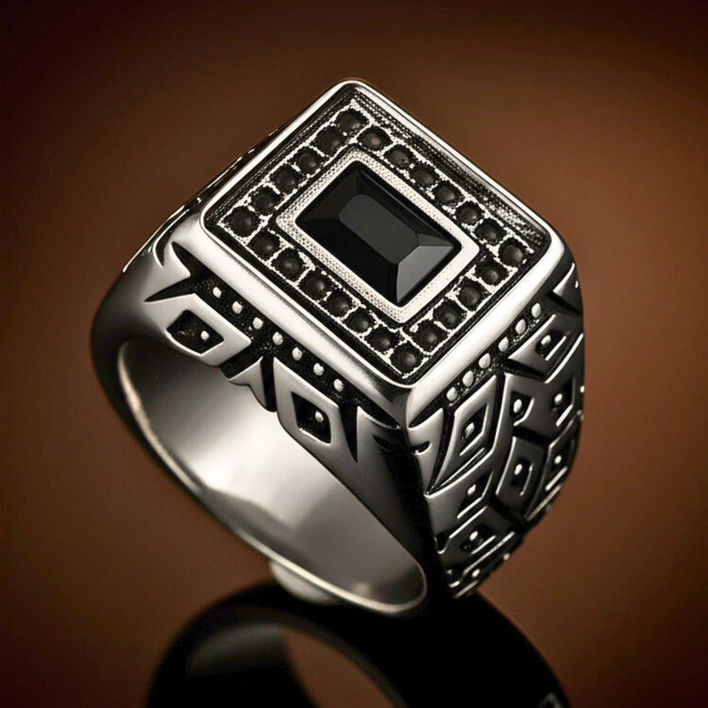 THE MEN THING Rings Royal Series - BLACK BASTION RING - Pure Stainless Steel Men’s Steel-Plated Ring – Statement Luxury Jewelry (Size : 19-22-25)