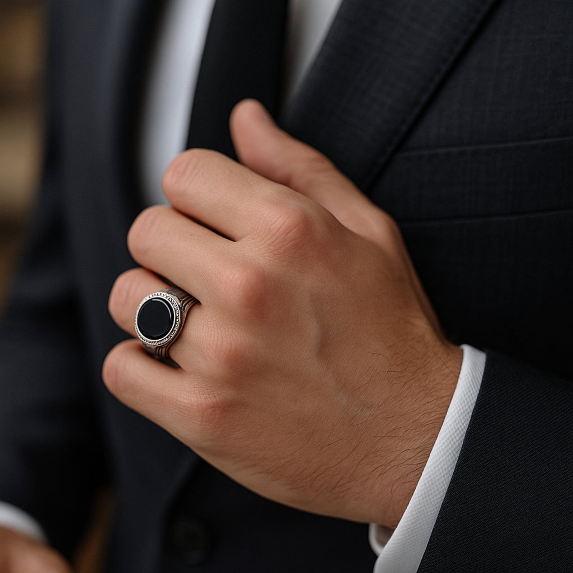 THE MEN THING Rings Royal Series - BLACK PYRE SIGNET RING - Pure Stainless Steel Men’s Steel-Plated Ring – Statement Luxury Jewelry (Size : -17-19-21-24-27)