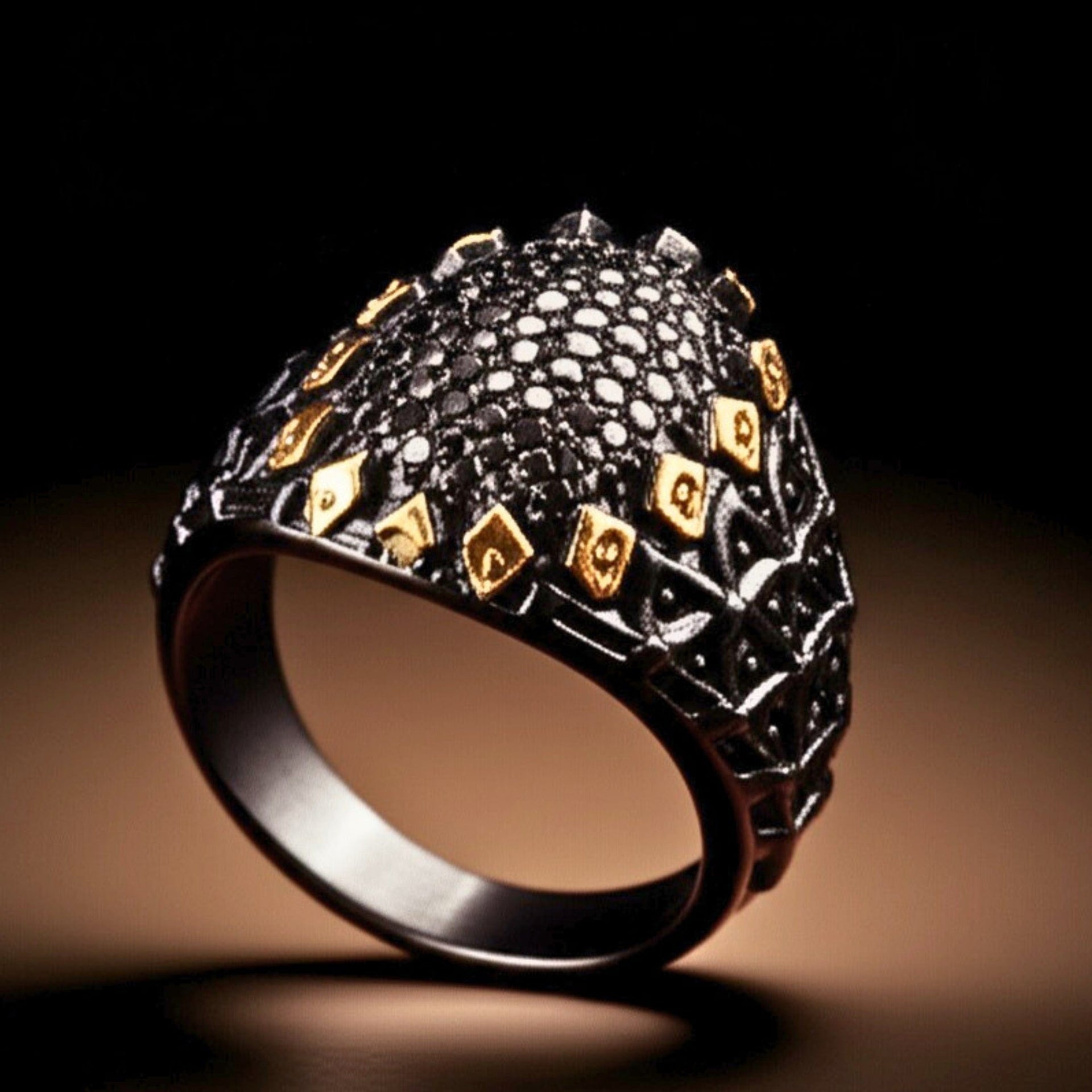THE MEN THING Rings Royal Series - BLACK SPIRE EMBER RING - Pure Stainless Steel Men’s Black-Gold-Plated Ring – Statement Luxury Jewelry (Size : 19-22-24-27)
