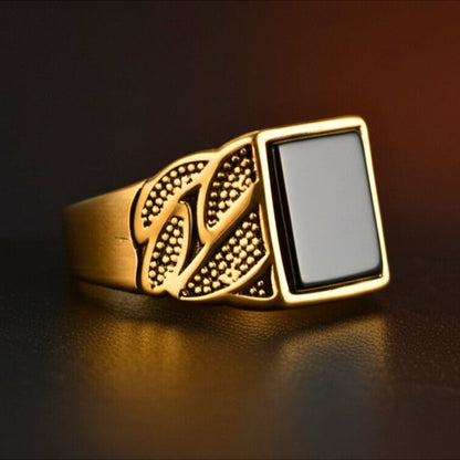 THE MEN THING Rings Royal Series - BLACKSTONE MAJESTY RING - Pure Stainless Steel Men’s Gold-Plated Ring – Statement Luxury Jewelry (Size : 16-19-21-27)