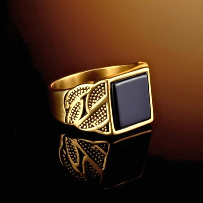 THE MEN THING Rings Royal Series - BLACKSTONE MAJESTY RING - Pure Stainless Steel Men’s Gold-Plated Ring – Statement Luxury Jewelry (Size : 16-19-21-27)