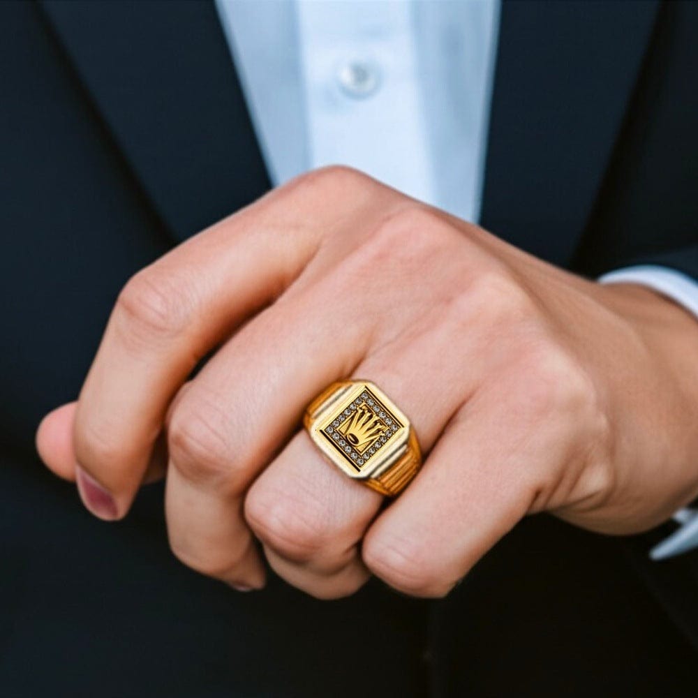THE MEN THING Rings Royal Series - CROWN CODE RING - Pure Stainless Steel Men’s Gold-Plated Ring – Statement Luxury Jewelry (Size : 17-19-21-24-26)