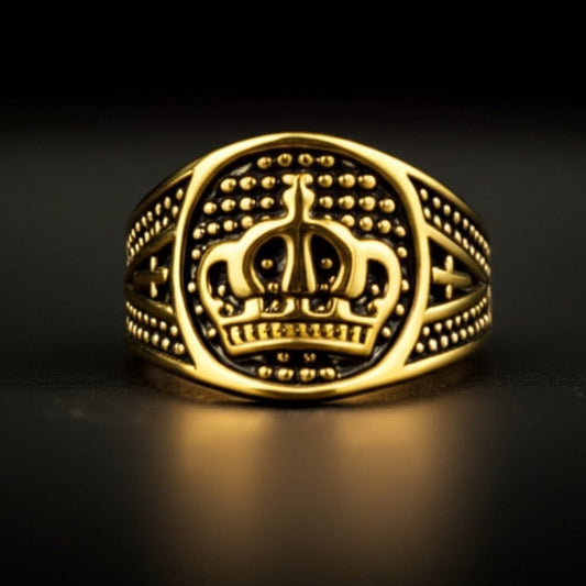 THE MEN THING Rings Royal Series - CROWN VALOR RING - Pure Stainless Steel Men’s Gold-Plated Crown Ring – Statement Luxury Jewelry (Size : 19-22-24)