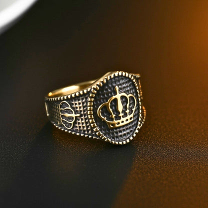 THE MEN THING Rings Royal Series - CROWNEL RING - Pure Stainless Steel Men’s Gold-Plated Ring – Statement Luxury Jewelry (Size : 20-23-25)
