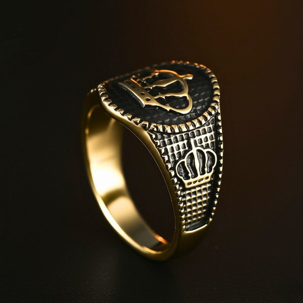 THE MEN THING Rings Royal Series - CROWNEL RING - Pure Stainless Steel Men’s Gold-Plated Ring – Statement Luxury Jewelry (Size : 20-23-25)