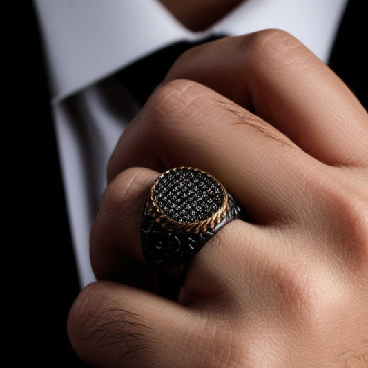 THE MEN THING Rings Royal Series - DARK HALO RING - Pure Stainless Steel Men’s Steel-Plated Black-Gold Ring – Statement Luxury Jewelry (Size : 19-22-24)