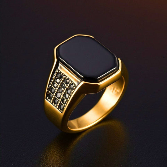 THE MEN THING Rings Royal Series - DARK REIGN RING - Pure Stainless Steel Men’s Gold-Plated Ring – Statement Luxury Jewelry (Size : 16-23-27)