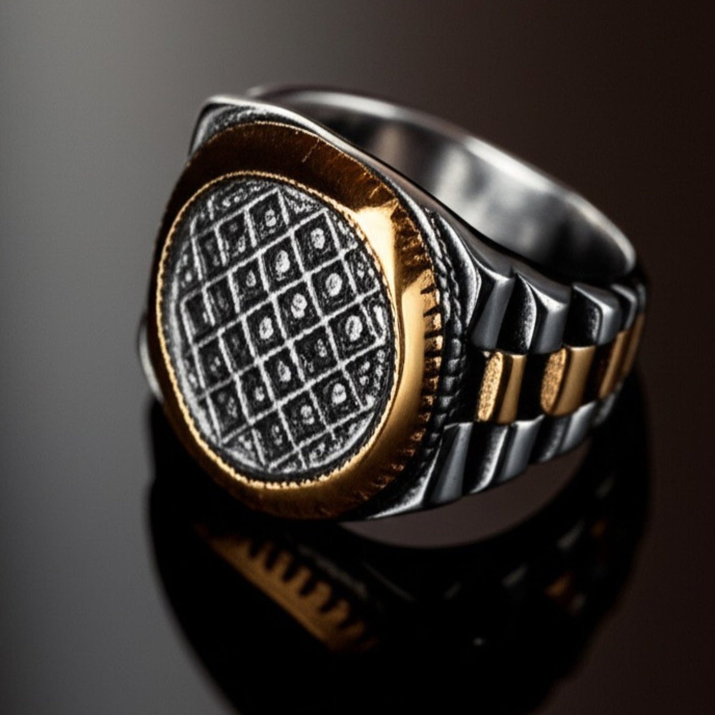 THE MEN THING Rings Royal Series - DOMINION GRID RING - Pure Stainless Steel Men’s Silver Gold-Plated Ring – Statement Luxury Jewelry (Size : 19-22-24)