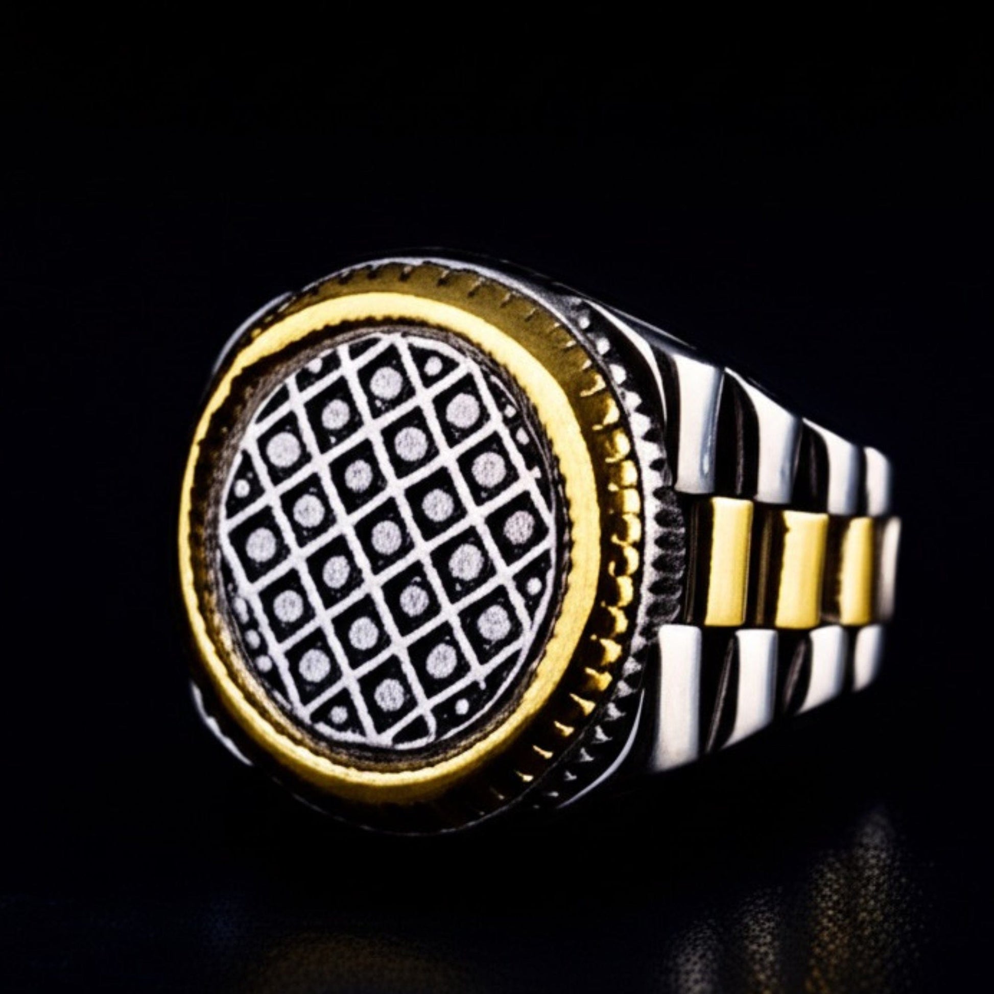 THE MEN THING Rings Royal Series - DOMINION GRID RING - Pure Stainless Steel Men’s Silver Gold-Plated Ring – Statement Luxury Jewelry (Size : 19-22-24)