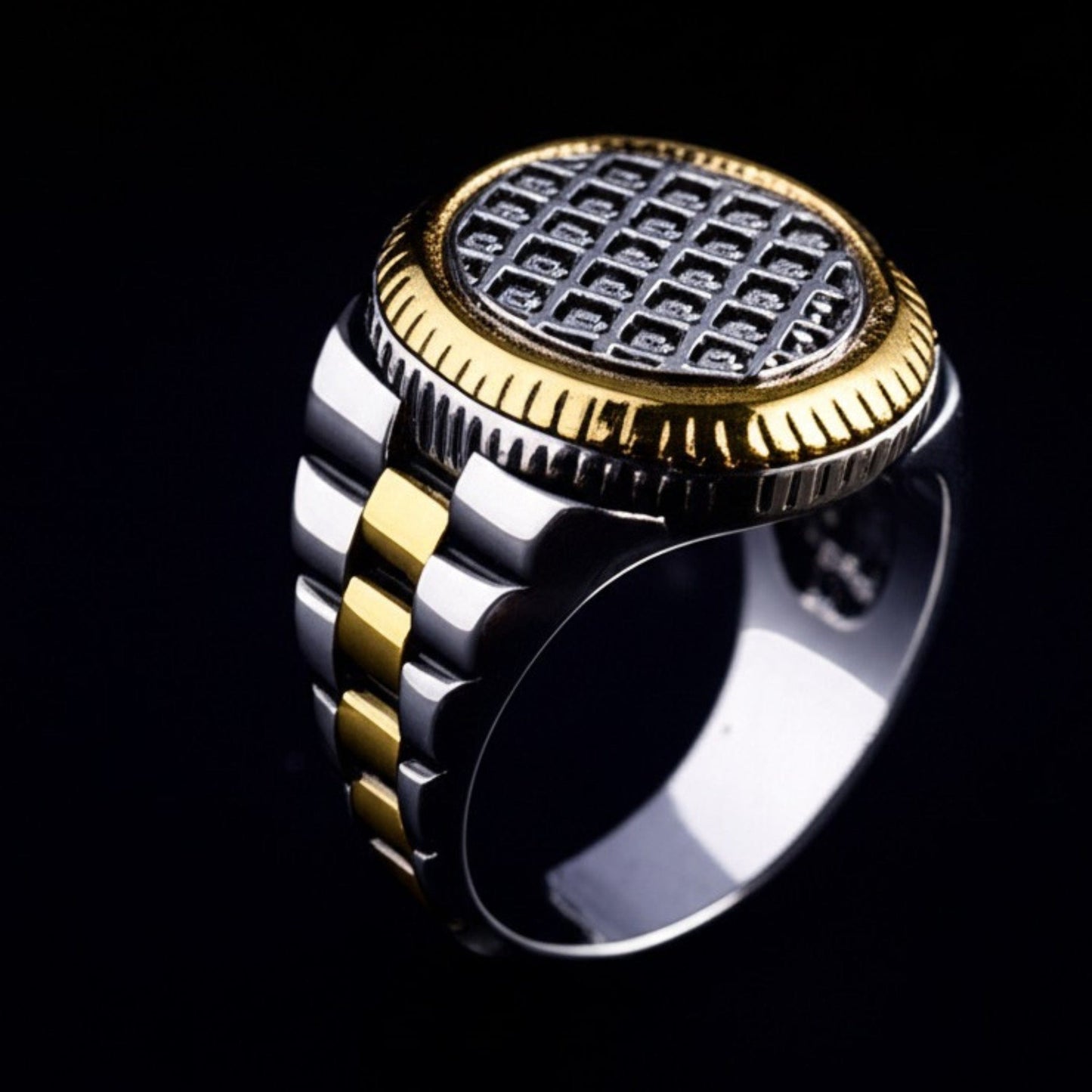 THE MEN THING Rings Royal Series - DOMINION GRID RING - Pure Stainless Steel Men’s Silver Gold-Plated Ring – Statement Luxury Jewelry (Size : 19-22-24)