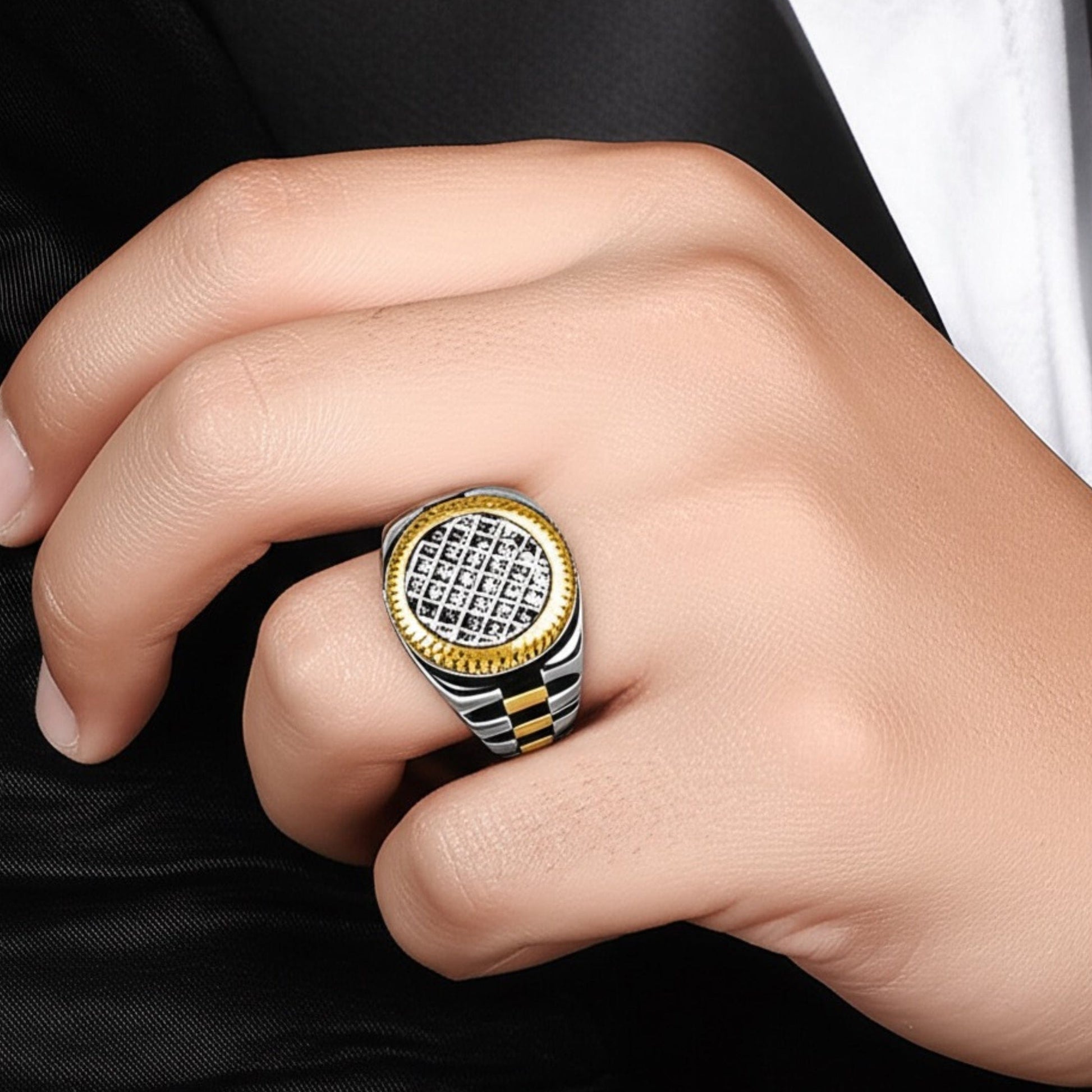THE MEN THING Rings Royal Series - DOMINION GRID RING - Pure Stainless Steel Men’s Silver Gold-Plated Ring – Statement Luxury Jewelry (Size : 19-22-24)