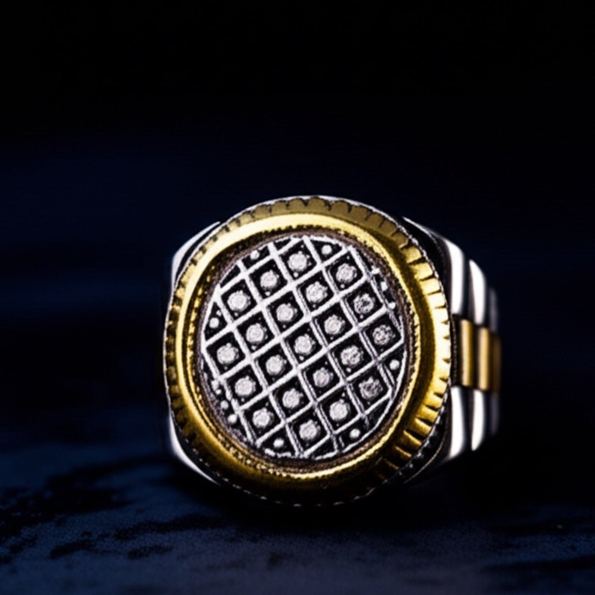 THE MEN THING Rings Royal Series - DOMINION GRID RING - Pure Stainless Steel Men’s Silver Gold-Plated Ring – Statement Luxury Jewelry (Size : 19-22-24)