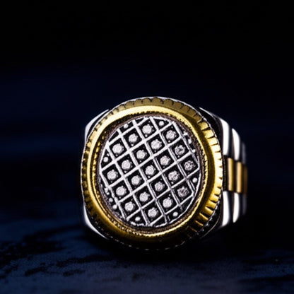 THE MEN THING Rings Royal Series - DOMINION GRID RING - Pure Stainless Steel Men’s Silver Gold-Plated Ring – Statement Luxury Jewelry (Size : 19-22-24)