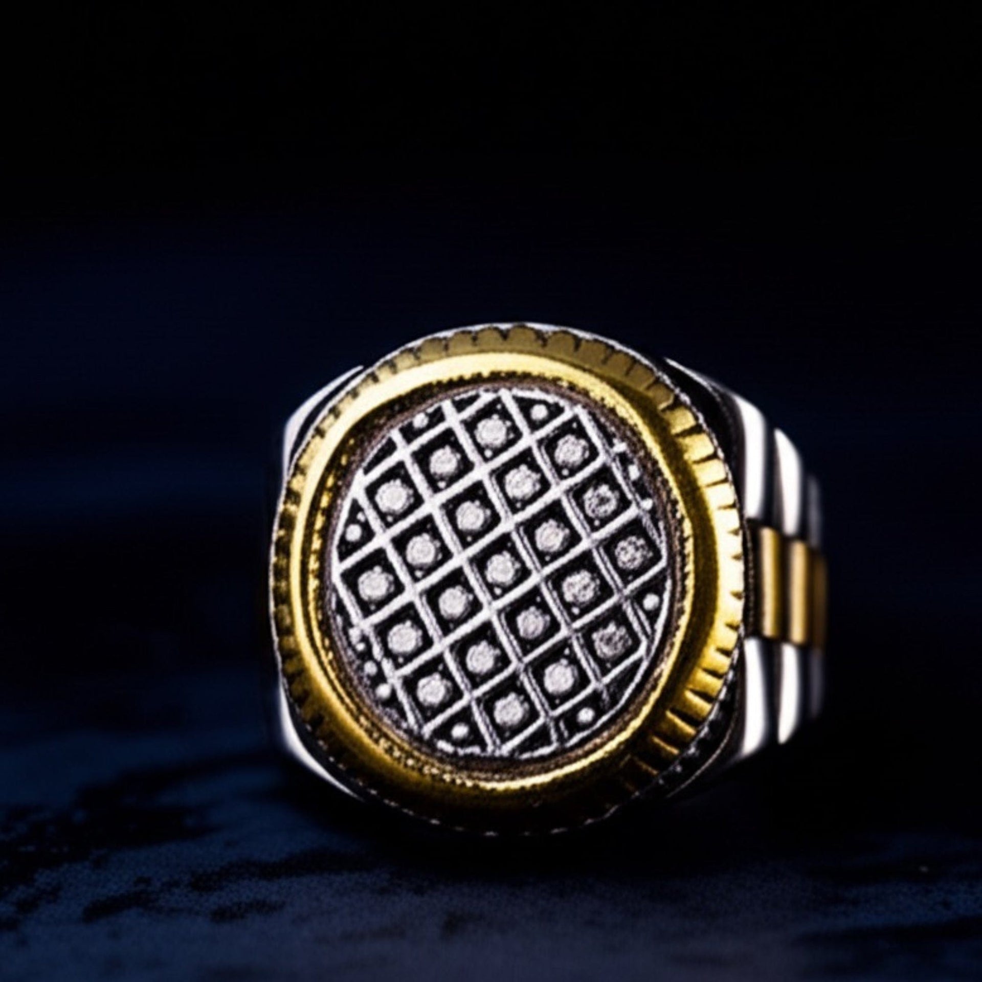 THE MEN THING Rings Royal Series - DOMINION GRID RING - Pure Stainless Steel Men’s Silver Gold-Plated Ring – Statement Luxury Jewelry (Size : 19-22-24)