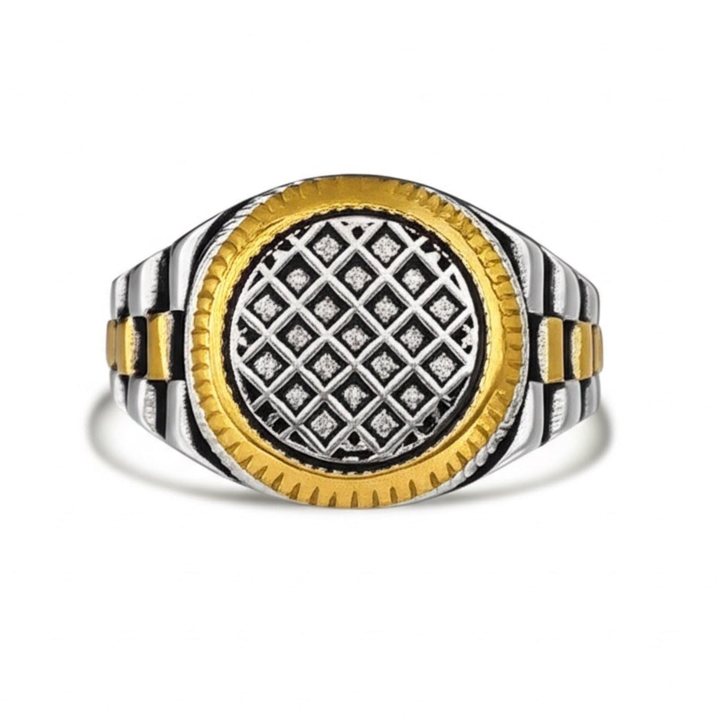 THE MEN THING Rings Royal Series - DOMINION GRID RING - Pure Stainless Steel Men’s Silver Gold-Plated Ring – Statement Luxury Jewelry (Size : 19-22-24)