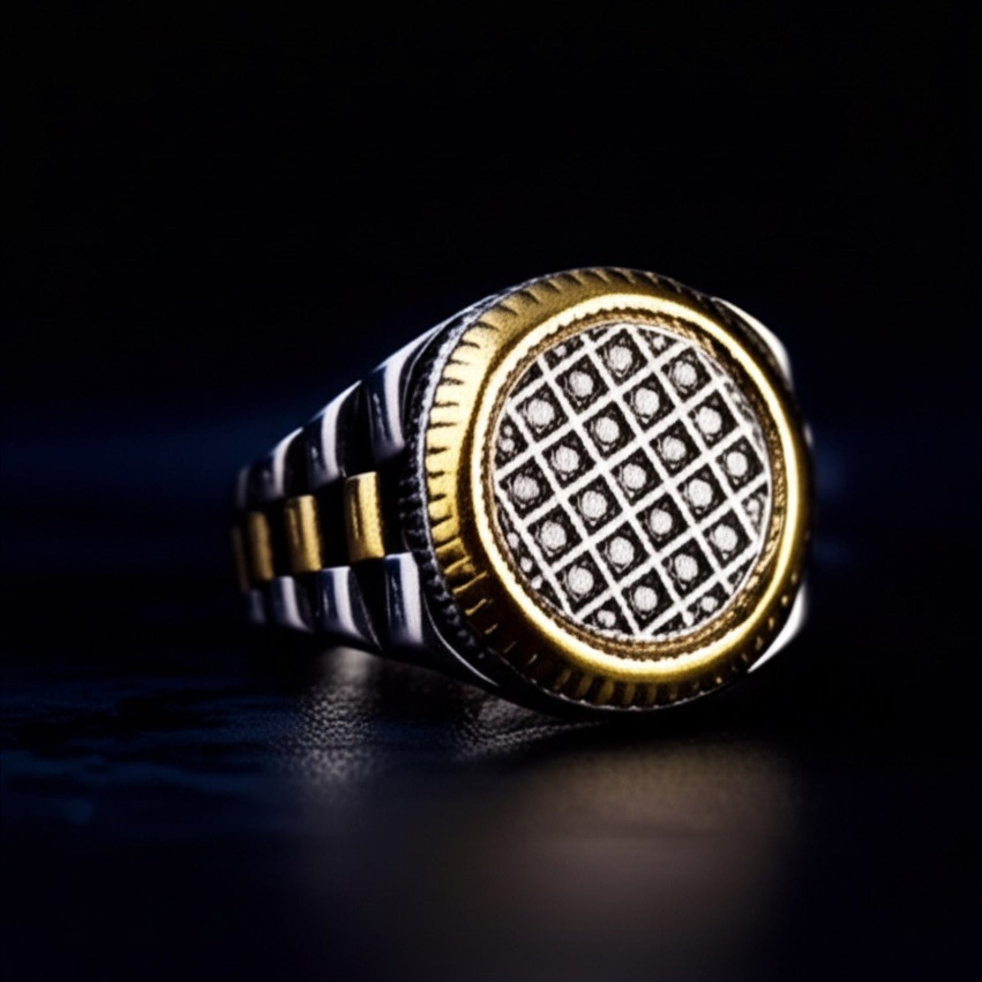 THE MEN THING Rings Royal Series - DOMINION GRID RING - Pure Stainless Steel Men’s Silver Gold-Plated Ring – Statement Luxury Jewelry (Size : 19-22-24)