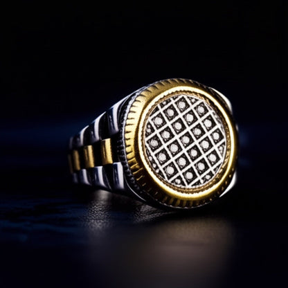 THE MEN THING Rings Royal Series - DOMINION GRID RING - Pure Stainless Steel Men’s Silver Gold-Plated Ring – Statement Luxury Jewelry (Size : 19-22-24)