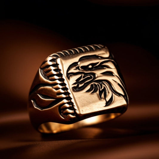 THE MEN THING Rings Royal Series - EAGLE FIRE RING - Pure Stainless Steel Men’s Gold-Plated Ring – Statement Luxury Jewelry (Size : 19-22-25)