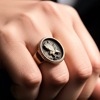 THE MEN THING Rings Royal Series - EAGLE OF AEGIS RING - Pure Stainless Steel Men’s Rose Gold-Plated Ring – Statement Luxury Jewelry (Size : 19-21-24)