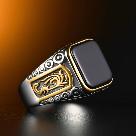 THE MEN THING Rings Royal Series - GOLDEN ABYSS RING - Pure Stainless Steel Men’s Steel-Gold-Plated Ring – Statement Luxury Jewelry (Size : 17-19-21-27)