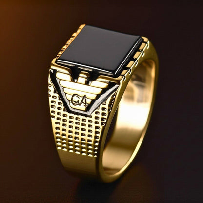 THE MEN THING Rings Royal Series - GOLDEN AEGIS RING - Pure Stainless Steel Men’s Gold-Plated Ring – Statement Luxury Jewelry (Size : 16-21-27)