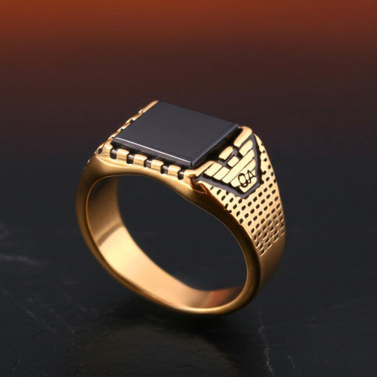 THE MEN THING Rings Royal Series - GOLDEN AEGIS RING - Pure Stainless Steel Men’s Gold-Plated Ring – Statement Luxury Jewelry (Size : 16-21-27)