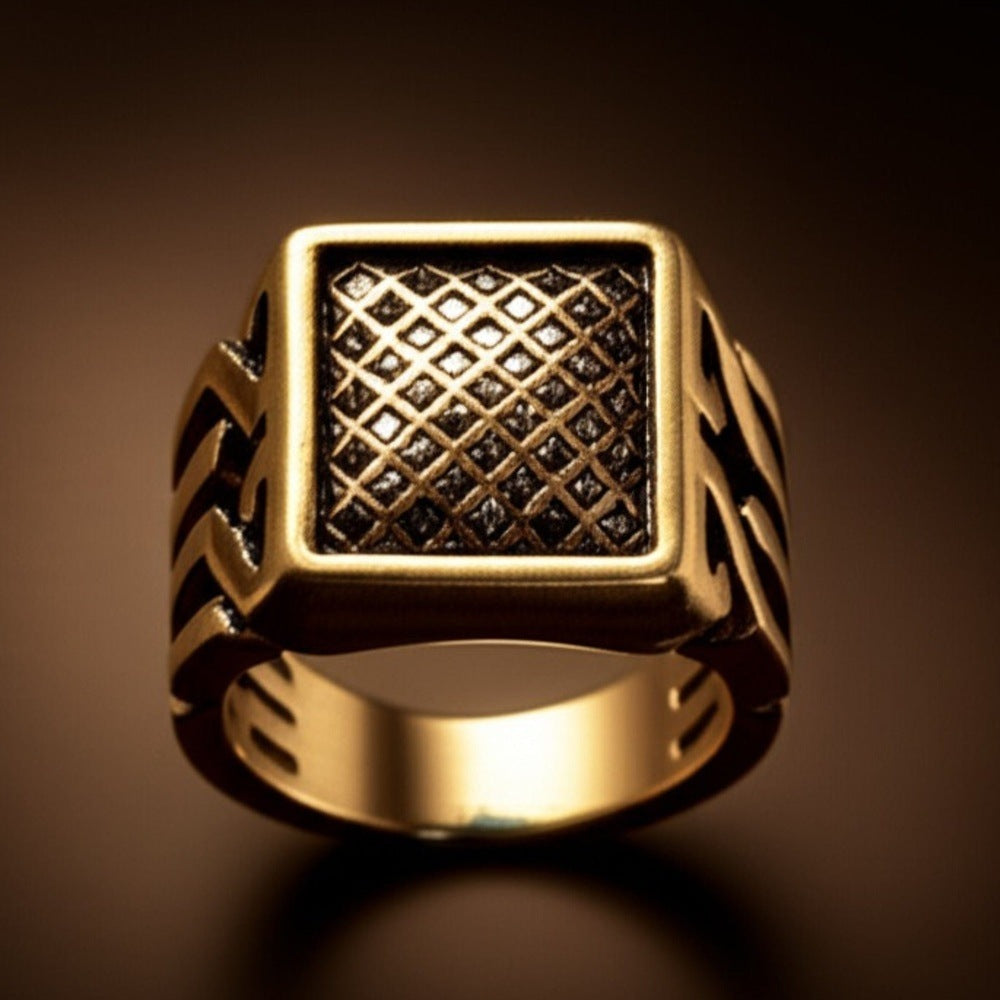 THE MEN THING Rings Royal Series - GOLDEN FORGE RING - Pure Stainless Steel Men’s Gold-Plated Ring – Statement Luxury Jewelry (Size : 17-22-25)