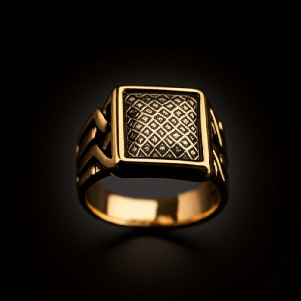 THE MEN THING Rings Royal Series - GOLDEN FORGE RING - Pure Stainless Steel Men’s Gold-Plated Ring – Statement Luxury Jewelry (Size : 17-22-25)