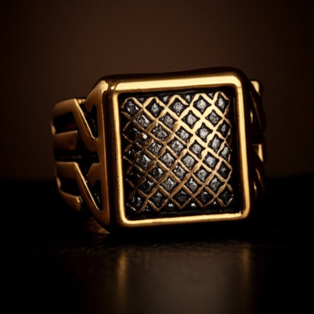 THE MEN THING Rings Royal Series - GOLDEN FORGE RING - Pure Stainless Steel Men’s Gold-Plated Ring – Statement Luxury Jewelry (Size : 17-22-25)