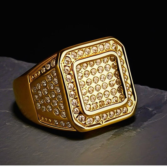 THE MEN THING Rings Royal Series - GOLDEN GLORY RING - Pure Stainless Steel Men’s Golden -Plated Ring – Statement Luxury Jewelry (Size : 16-19-21-24-26)