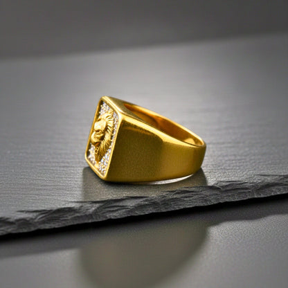 THE MEN THING Rings Royal Series - GOLDEN ROAR RING - Pure Stainless Steel Men’s Gold-Plated Ring – Statement Luxury Jewelry (Size : 16-18-21-25-27-30)