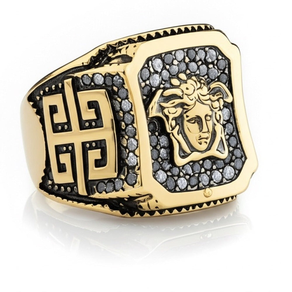THE MEN THING Rings Royal Series - HELLENIC HYDRA RING - Pure Stainless Steel Men’s Gold-Plated Ring – Statement Luxury Jewelry (Size : -20-23-25)