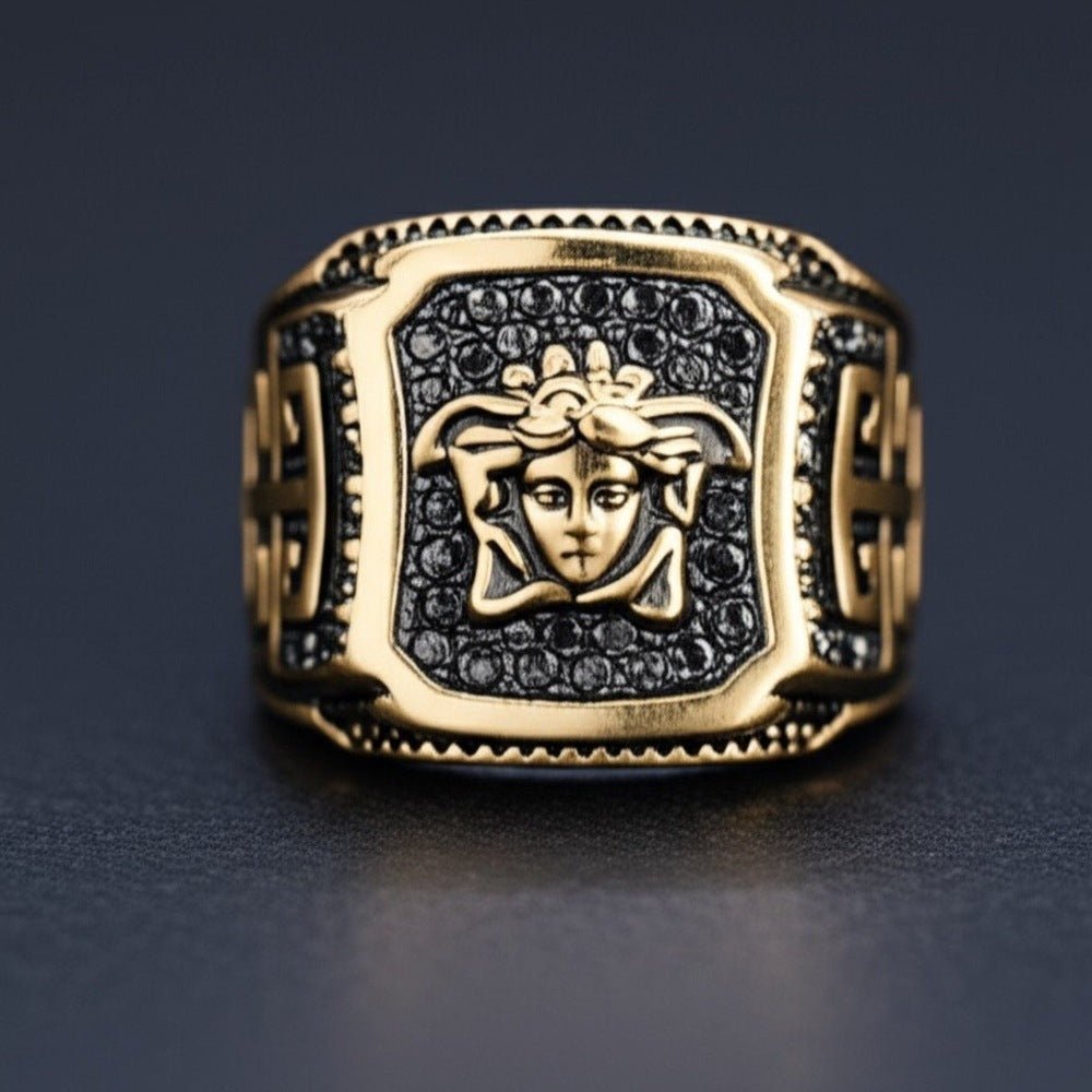THE MEN THING Rings Royal Series - HELLENIC HYDRA RING - Pure Stainless Steel Men’s Gold-Plated Ring – Statement Luxury Jewelry (Size : -20-23-25)