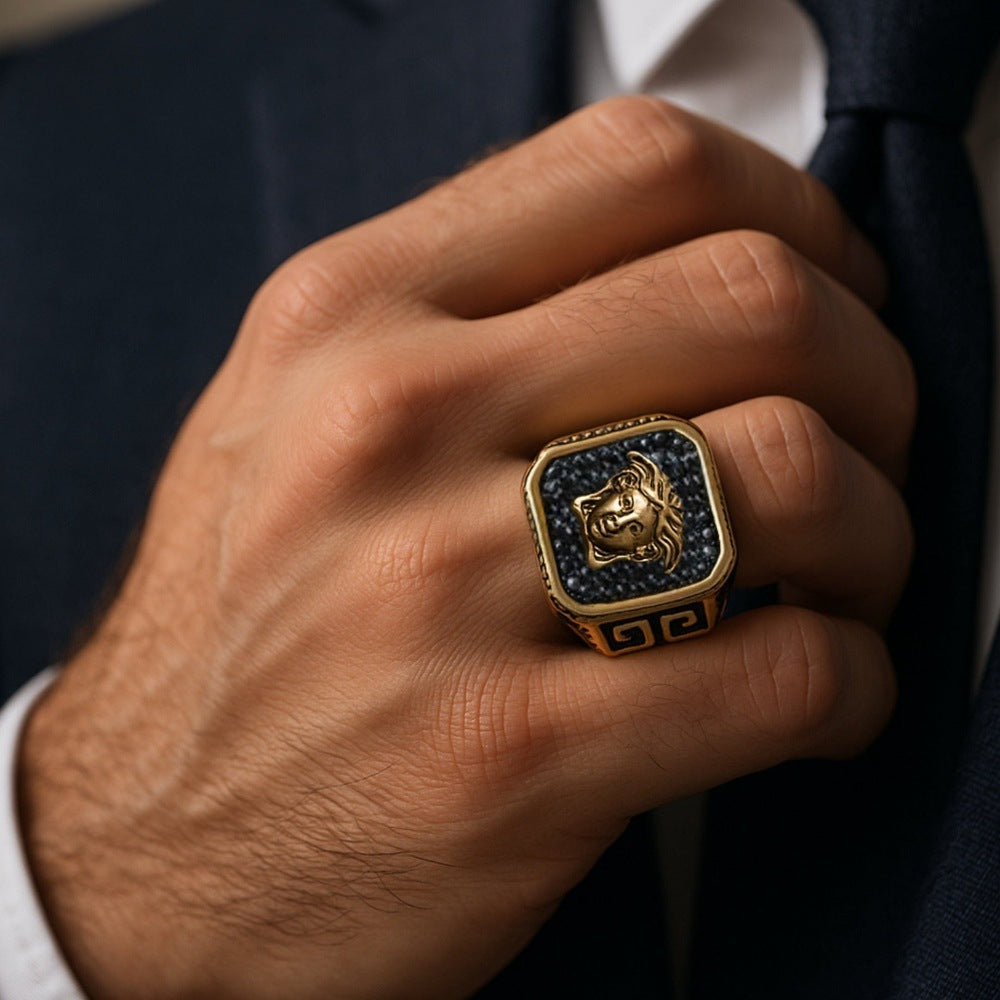 THE MEN THING Rings Royal Series - HELLENIC HYDRA RING - Pure Stainless Steel Men’s Gold-Plated Ring – Statement Luxury Jewelry (Size : -20-23-25)