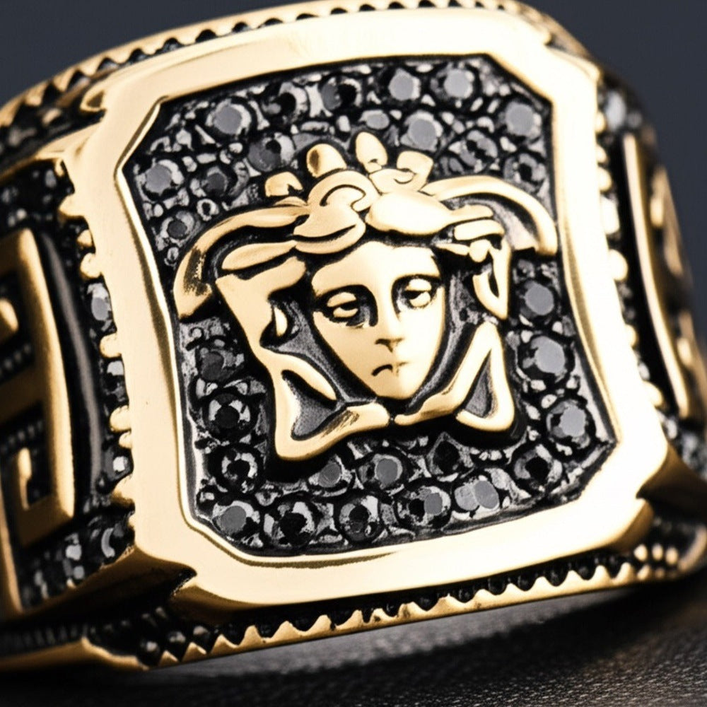 THE MEN THING Rings Royal Series - HELLENIC HYDRA RING - Pure Stainless Steel Men’s Gold-Plated Ring – Statement Luxury Jewelry (Size : -20-23-25)