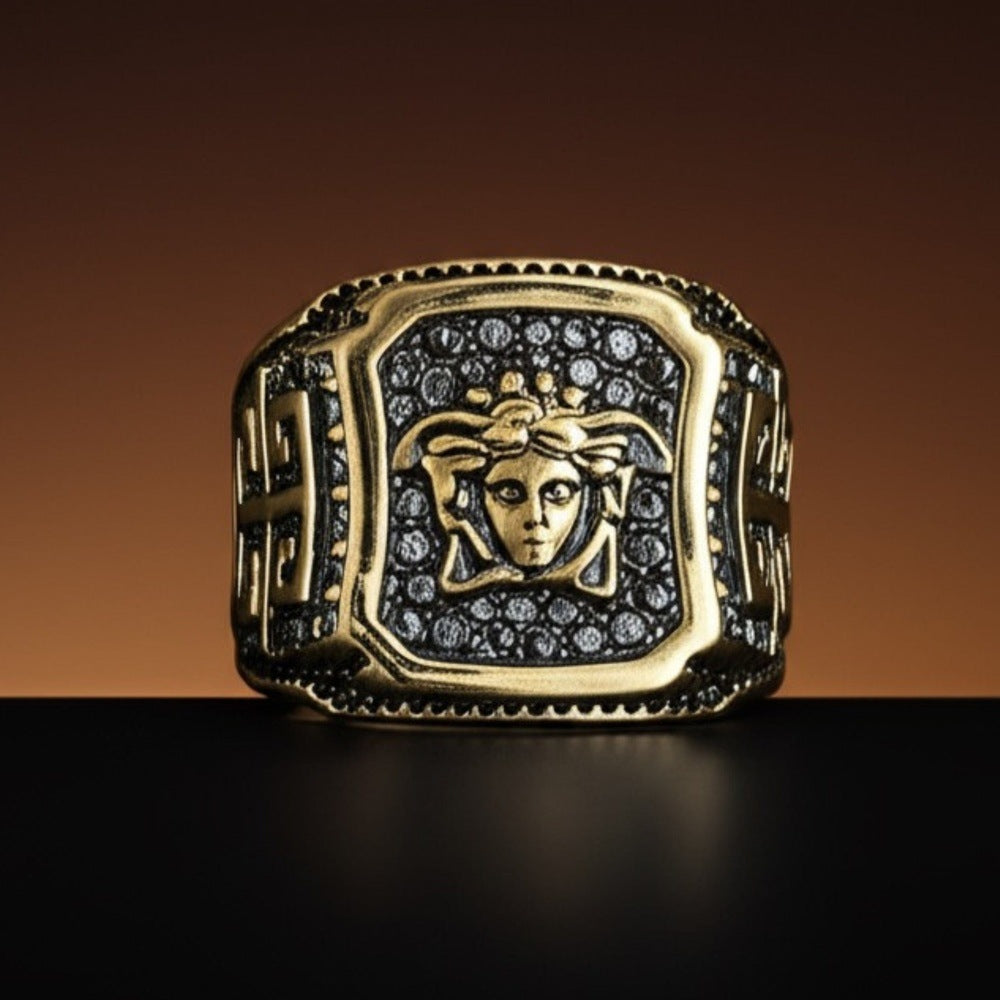 THE MEN THING Rings Royal Series - HELLENIC HYDRA RING - Pure Stainless Steel Men’s Gold-Plated Ring – Statement Luxury Jewelry (Size : -20-23-25)