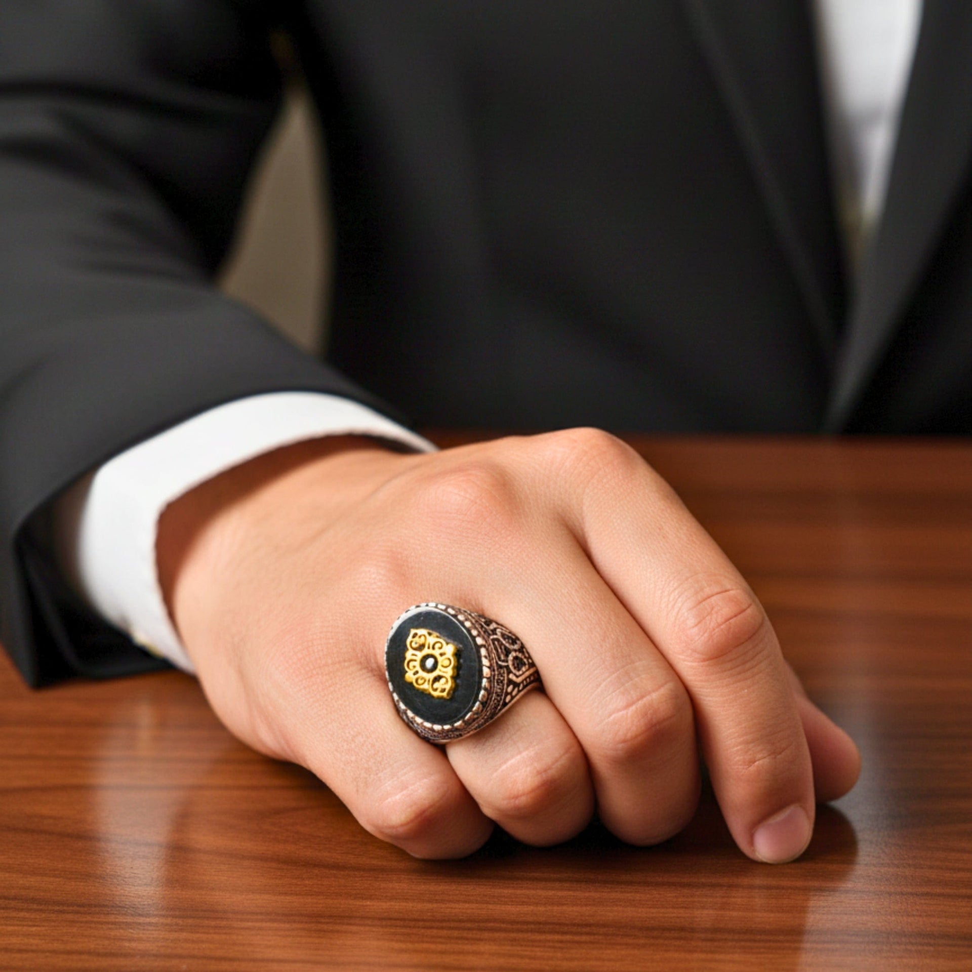 THE MEN THING Rings Royal Series - IMPERIAL GLYPH RING - Pure Stainless Steel Men’s Steel-Gold-Plated Ring – Statement Luxury Jewelry (Size : 17-21-22-26-27)