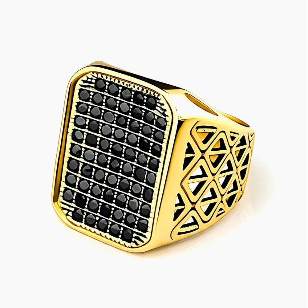 THE MEN THING Rings Royal Series - KING GRID Ring - Pure Stainless Steel Men’s Gold-Plated Black Stone Grid Ring – Statement Luxury Jewelry (Size : 18-21- 24)