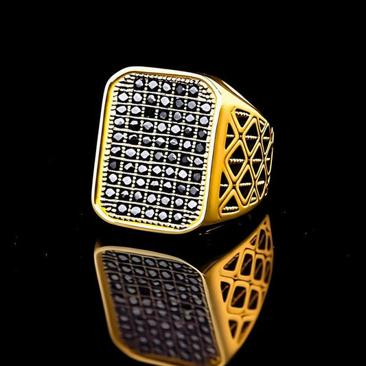 THE MEN THING Rings Royal Series - KING GRID Ring - Pure Stainless Steel Men’s Gold-Plated Black Stone Grid Ring – Statement Luxury Jewelry (Size : 18-21- 24)