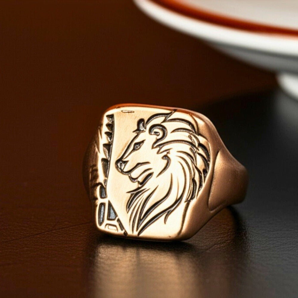 THE MEN THING Rings Royal Series - LION FLARE RING - Pure Stainless Steel Men’s Rose Gold-Plated Ring – Statement Luxury Jewelry (Size : 19-21-23)