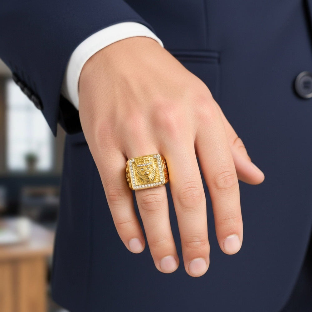 THE MEN THING Rings Royal Series - MAHARAJA LION RING - Pure Stainless Steel Men’s Gold-Plated Ring – Statement Luxury Jewelry (Size : 16-19-22-24-27-30)