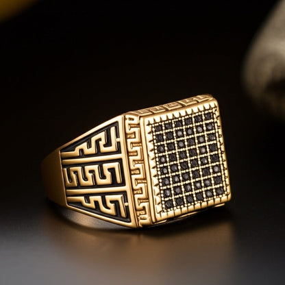 THE MEN THING Rings Royal Series - MAZE KING RING - Pure Stainless Steel Men’s Gold-Plated Ring – Statement Luxury Jewelry (Size : 20-24)