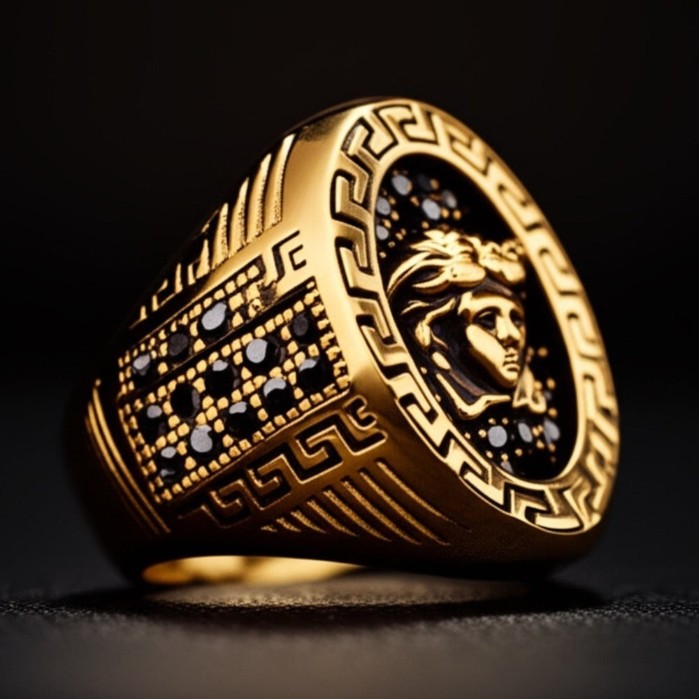 THE MEN THING Rings Royal Series - MEDUSA SIGNET RING - Pure Stainless Steel Men’s Gold-Plated Ring – Statement Luxury Jewelry (Size : 19-22-24)