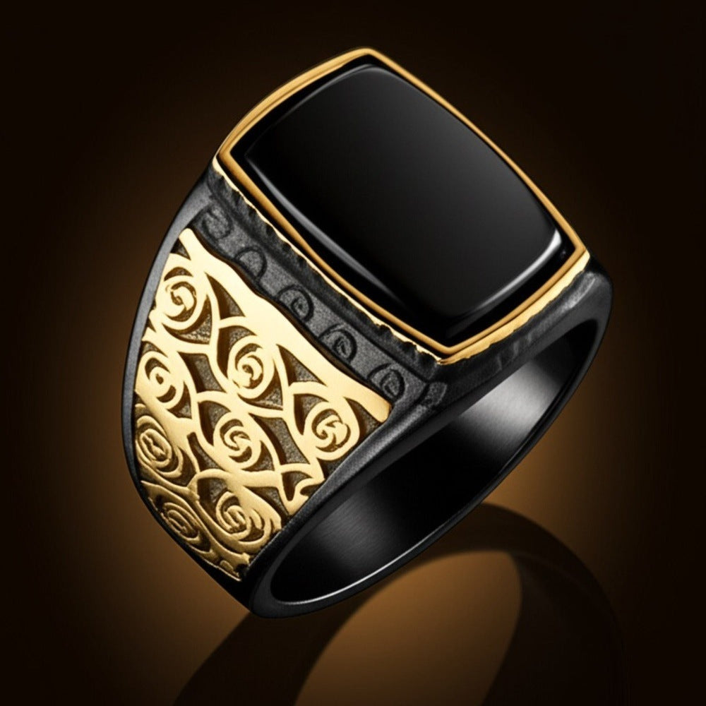 THE MEN THING Rings Royal Series - MIDNIGHT ORACLE RING - Pure Stainless Steel Men’s Black-Gold-Plated Ring – Statement Luxury Jewelry (Size : 19-21-24)