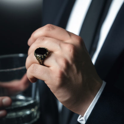 THE MEN THING Rings Royal Series - NIGHT EMPEROR RING - Pure Stainless Steel Men’s Black-Gold-Plated Ring – Statement Luxury Jewelry (Size : -19-21-27)